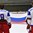 LUCERNE, SWITZERLAND - APRIL 16: Russia's Alexander Shemerov #9 and Artyom Ivanyuzhenkov #12 look on during the national anthem after a 3-1 preliminary round win over the U.S. at the 2015 IIHF Ice Hockey U18 World Championship. (Photo by Matt Zambonin/HHOF-IIHF Images)

